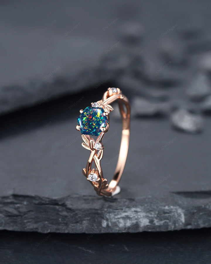 Hexagon Cut Black Fire Opal Leaf Engagement Ring, Dainty Twig Branch Promise Ring, Unique Rose Gold Mixed Color Opal Wedding Ring Gift - ShainJewelry
