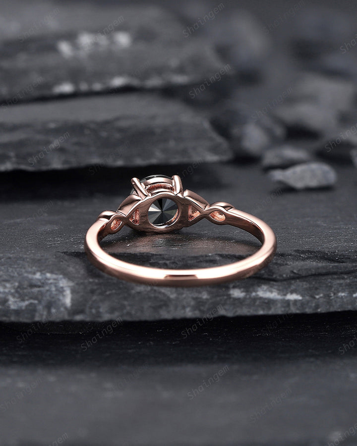 6mm Round Cut Natural Black Diamond Engagement Ring ,14K 18K Rose Gold Diamond Promise Ring, Diamond Wedding Anniversary Ring Gift for her - ShainJewelry