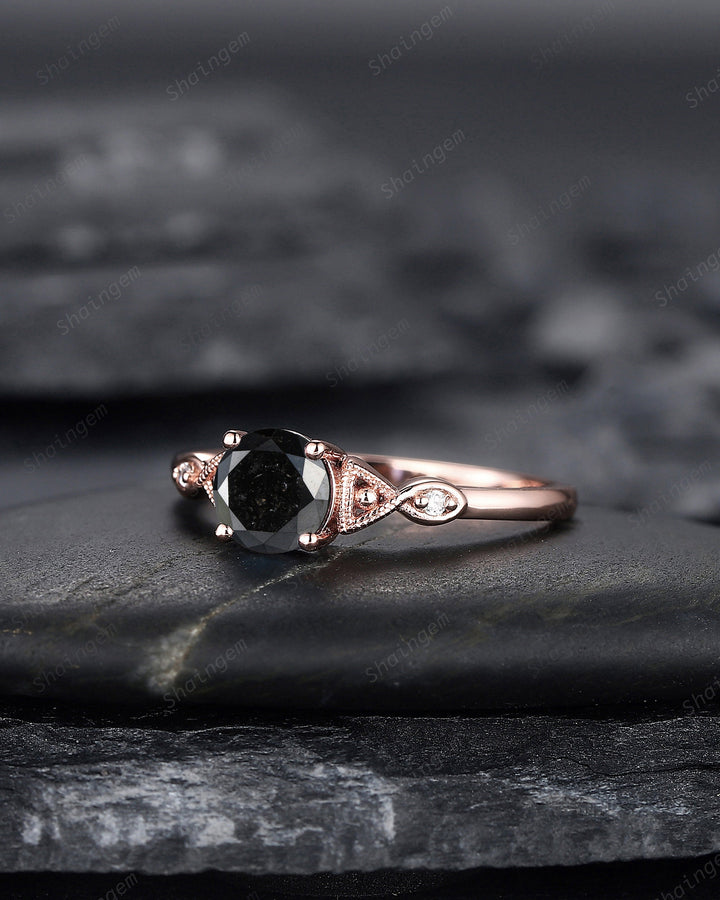 6mm Round Cut Natural Black Diamond Engagement Ring ,14K 18K Rose Gold Diamond Promise Ring, Diamond Wedding Anniversary Ring Gift for her - ShainJewelry