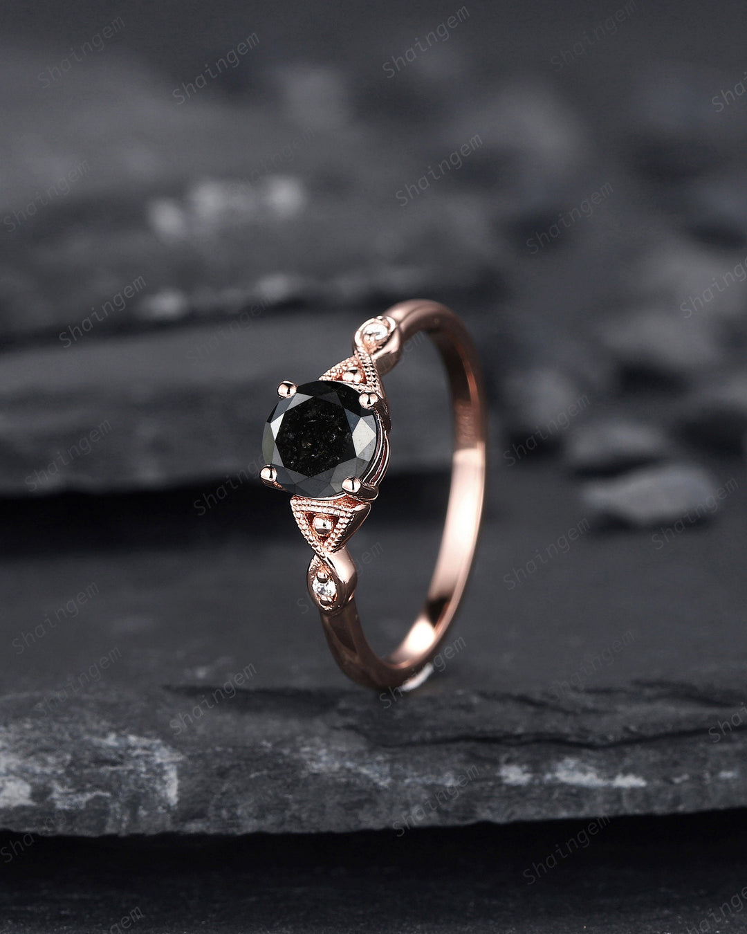 6mm Round Cut Natural Black Diamond Engagement Ring ,14K 18K Rose Gold Diamond Promise Ring, Diamond Wedding Anniversary Ring Gift for her - ShainJewelry