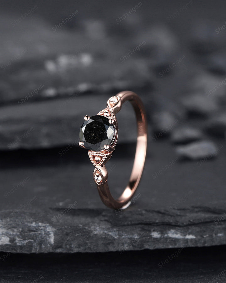 6mm Round Cut Natural Black Diamond Engagement Ring ,14K 18K Rose Gold Diamond Promise Ring, Diamond Wedding Anniversary Ring Gift for her - ShainJewelry