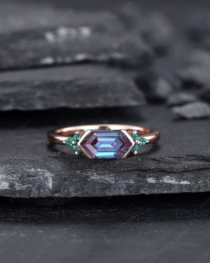 Vintage Long Hexagon Alexandrite Engagement Ring, Unique Emerald Cluster Wedding Ring, Rose Gold Anniversary Promise Ring Gift for Women - ShainJewelry