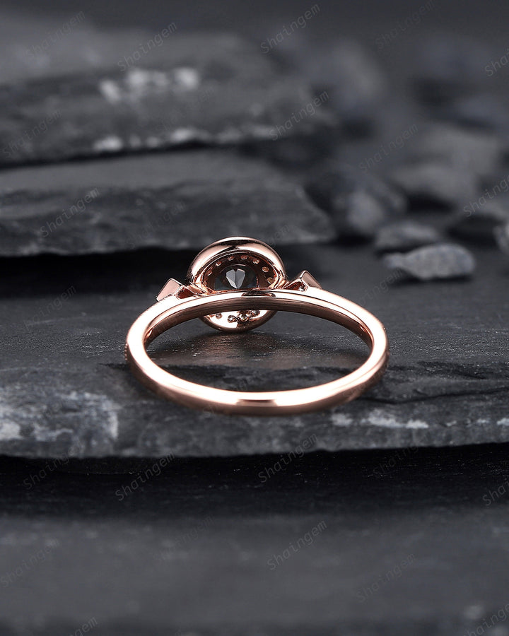 Dainty Round Shape Alexandrite Engagement Ring, Alexandrite Halo Wedding Ring, Half Eternity Alexandrite Promise Ring Gift, June Birthstone - ShainJewelry