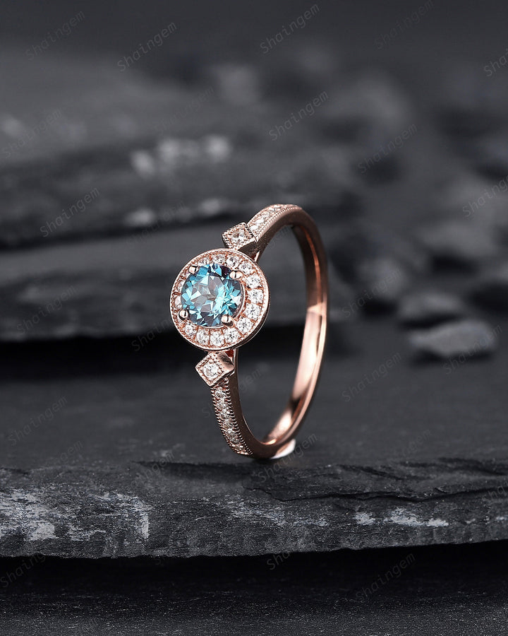 Dainty Round Shape Alexandrite Engagement Ring, Alexandrite Halo Wedding Ring, Half Eternity Alexandrite Promise Ring Gift, June Birthstone - ShainJewelry