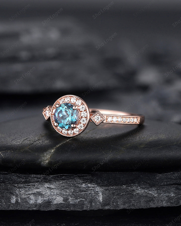 Dainty Round Shape Alexandrite Engagement Ring, Alexandrite Halo Wedding Ring, Half Eternity Alexandrite Promise Ring Gift, June Birthstone - ShainJewelry