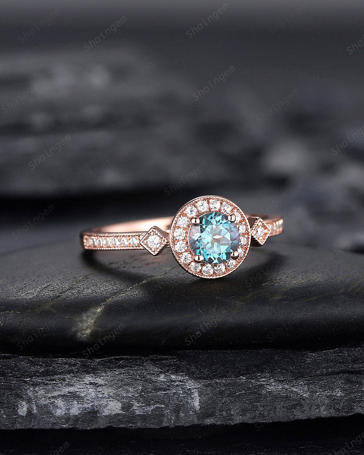 Dainty Round Shape Alexandrite Engagement Ring, Alexandrite Halo Wedding Ring, Half Eternity Alexandrite Promise Ring Gift, June Birthstone - ShainJewelry