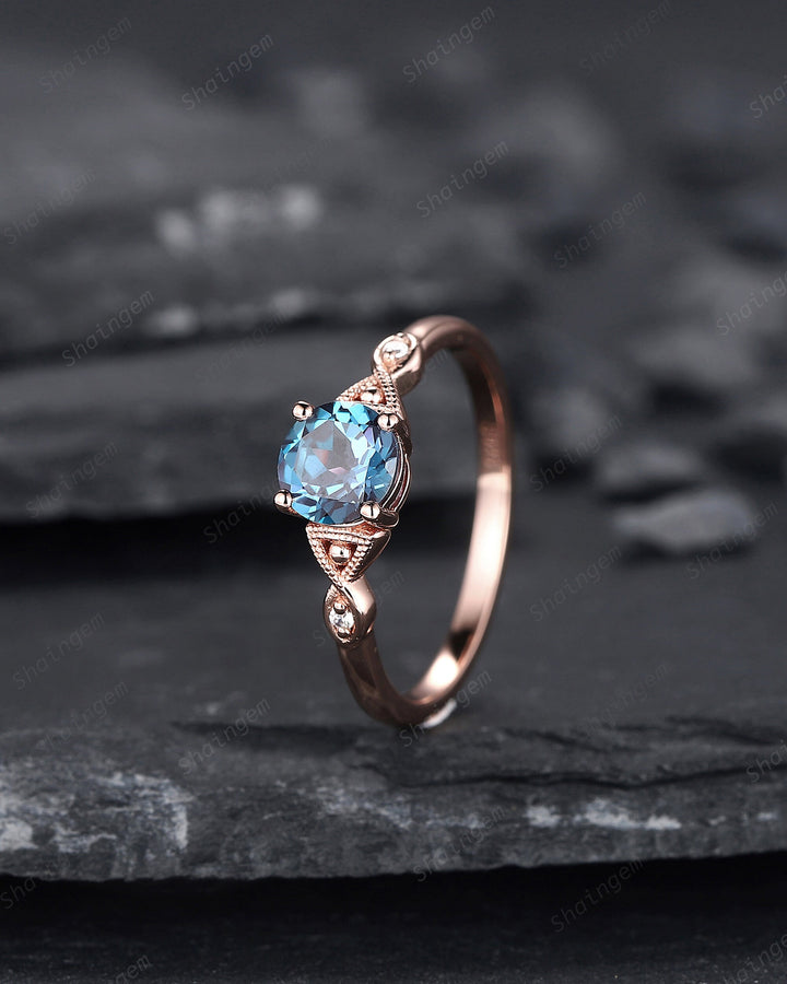 Vintage Round Shape Alexandrite Engagement Ring, Unique Alexandrite Wedding Ring, Dainty Alexandrite Promise Ring Gift, June Birthstone - ShainJewelry