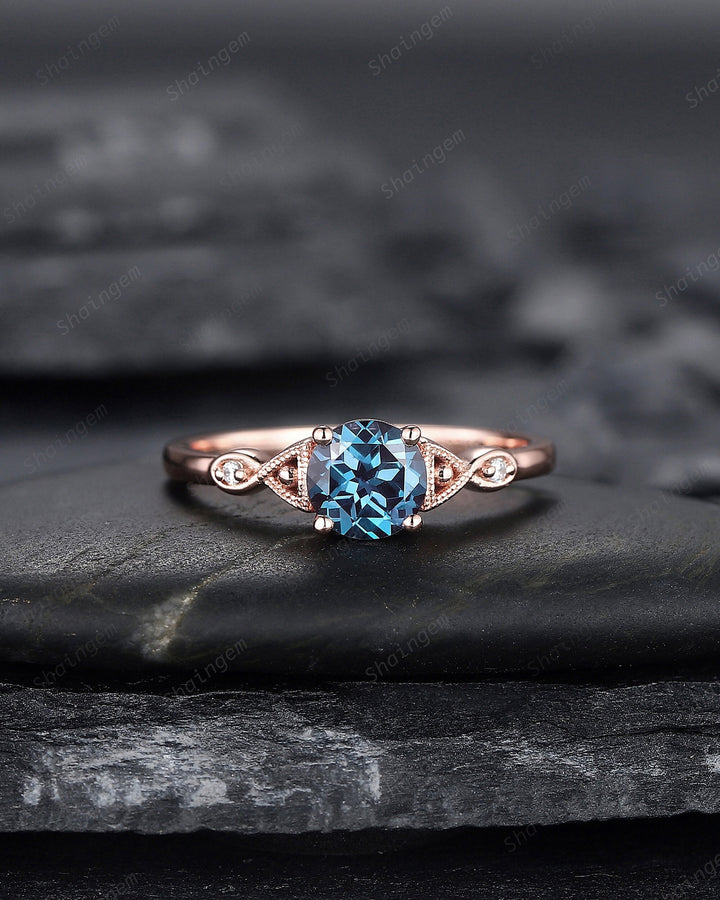 Vintage Round Shape Alexandrite Engagement Ring, Unique Alexandrite Wedding Ring, Dainty Alexandrite Promise Ring Gift, June Birthstone - ShainJewelry