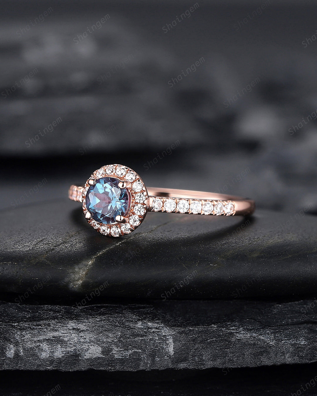 Dainty Round Shape Alexandrite Engagement Ring, Alexandrite Halo Wedding Ring, Half Eternity Alexandrite Promise Ring Gift, June Birthstone - ShainJewelry