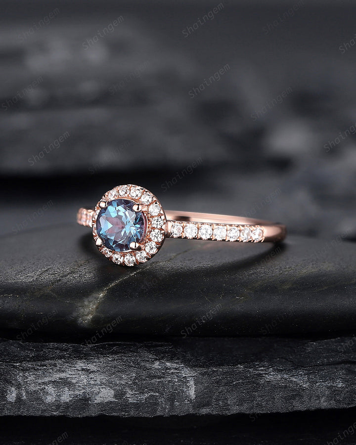 Dainty Round Shape Alexandrite Engagement Ring, Alexandrite Halo Wedding Ring, Half Eternity Alexandrite Promise Ring Gift, June Birthstone - ShainJewelry