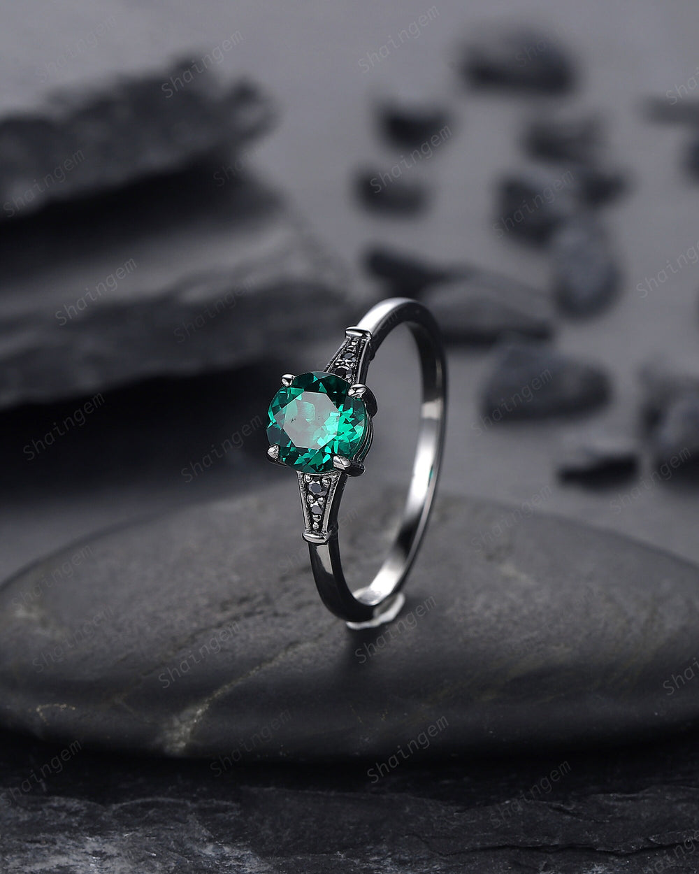 Dainty Black Gold Emerald Engagement Ring, Rhodium Black Bridal Ring, Black Promise Ring, Round Shape Emerald Gothic Black Wedding Ring Gift - ShainJewelry