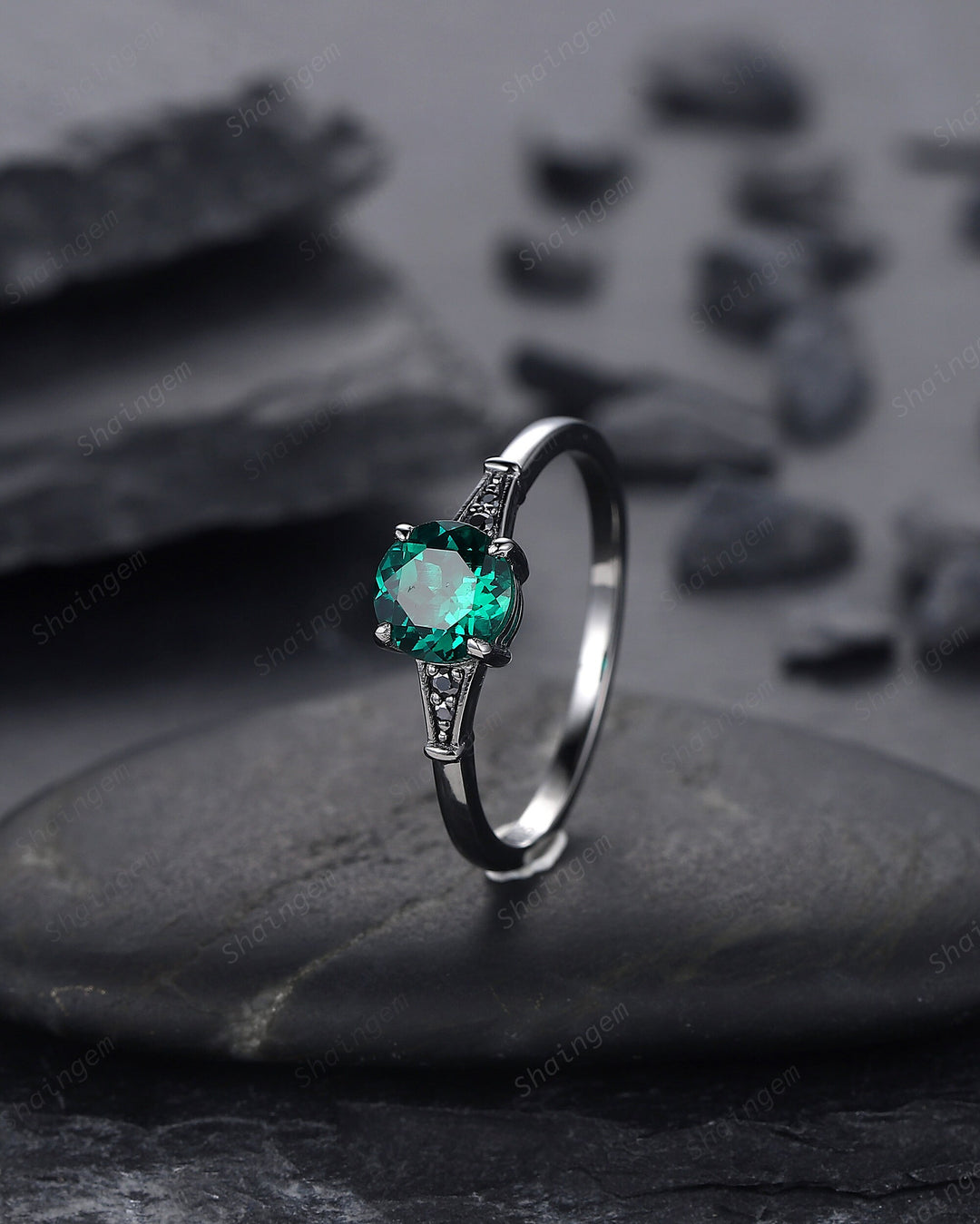 Dainty Black Gold Emerald Engagement Ring, Rhodium Black Bridal Ring, Black Promise Ring, Round Shape Emerald Gothic Black Wedding Ring Gift - ShainJewelry