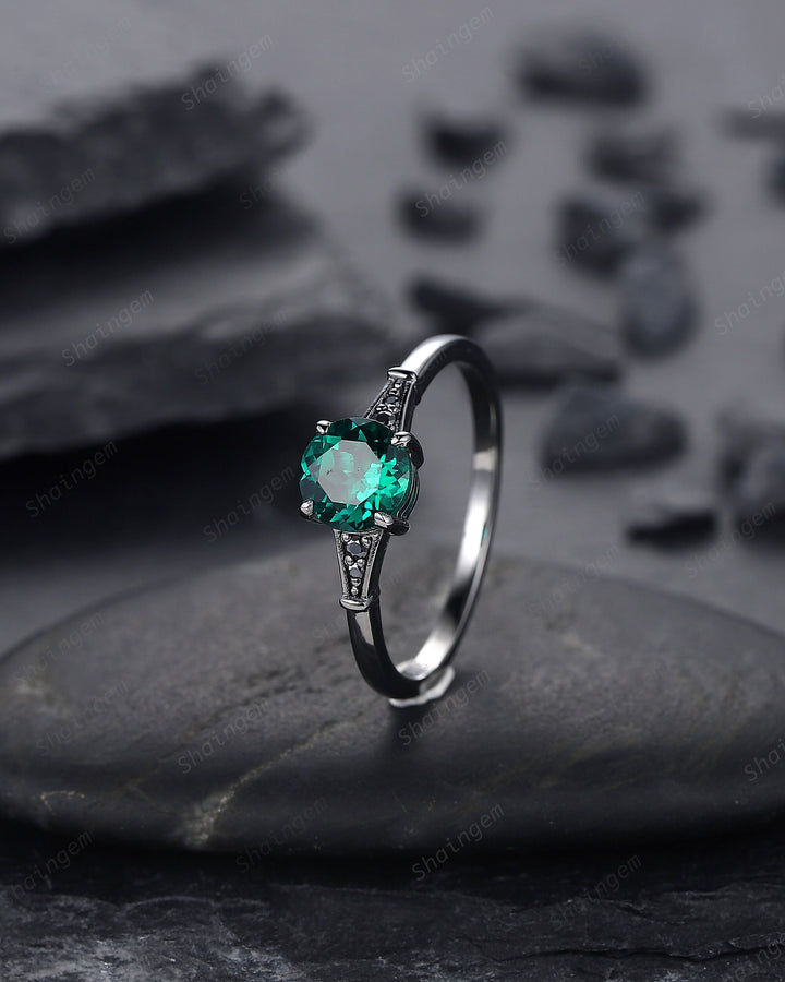 Dainty Black Gold Emerald Engagement Ring, Rhodium Black Bridal Ring, Black Promise Ring, Round Shape Emerald Gothic Black Wedding Ring Gift - ShainJewelry