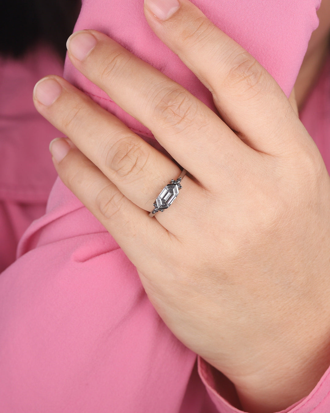 Black Gold Long Hexagon Gray Moissanite Engagement Ring, Unique Cluster Wedding Ring, Rhodium Black Anniversary Promise Ring Gift for Women - ShainJewelry
