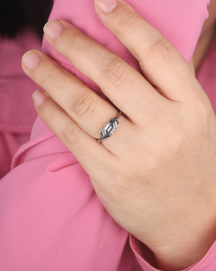 Black Gold Long Hexagon Gray Moissanite Engagement Ring, Unique Cluster Wedding Ring, Rhodium Black Anniversary Promise Ring Gift for Women - ShainJewelry
