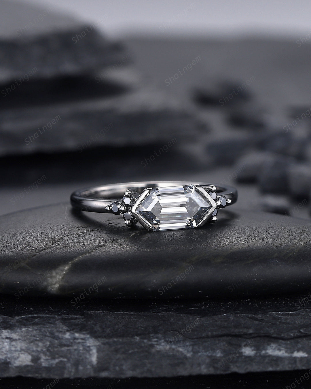 Black Gold Long Hexagon Gray Moissanite Engagement Ring, Unique Cluster Wedding Ring, Rhodium Black Anniversary Promise Ring Gift for Women - ShainJewelry