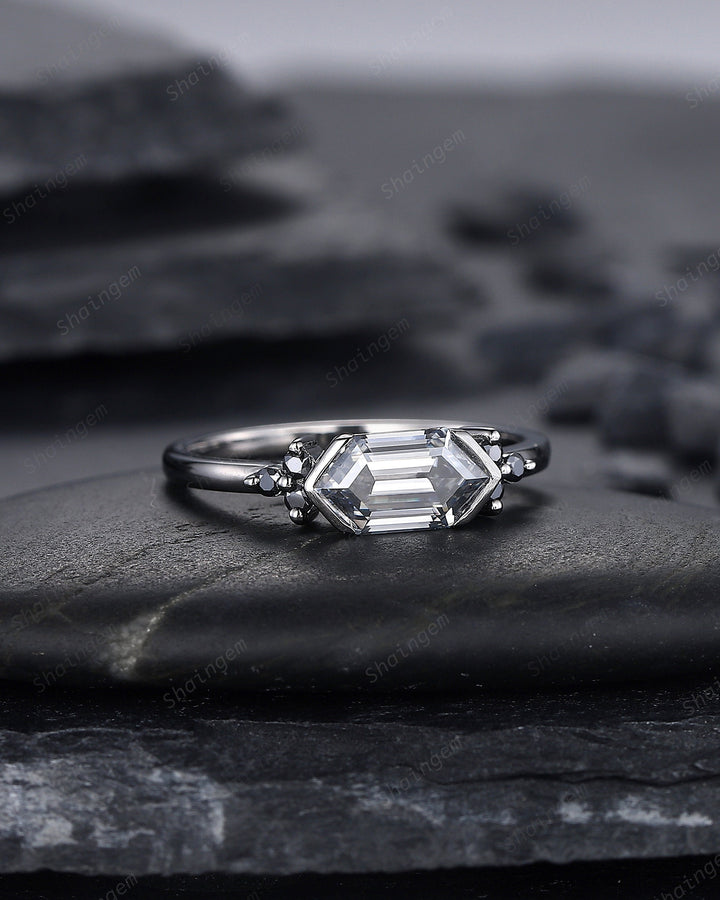 Black Gold Long Hexagon Gray Moissanite Engagement Ring, Unique Cluster Wedding Ring, Rhodium Black Anniversary Promise Ring Gift for Women - ShainJewelry
