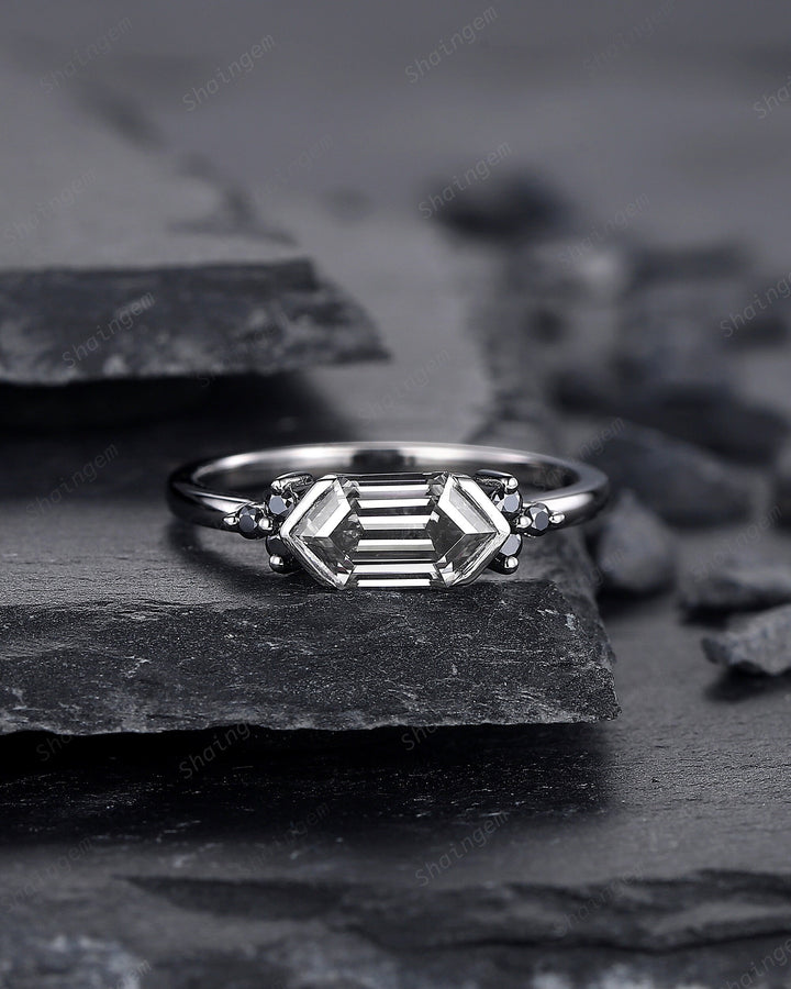 Black Gold Long Hexagon Gray Moissanite Engagement Ring, Unique Cluster Wedding Ring, Rhodium Black Anniversary Promise Ring Gift for Women - ShainJewelry