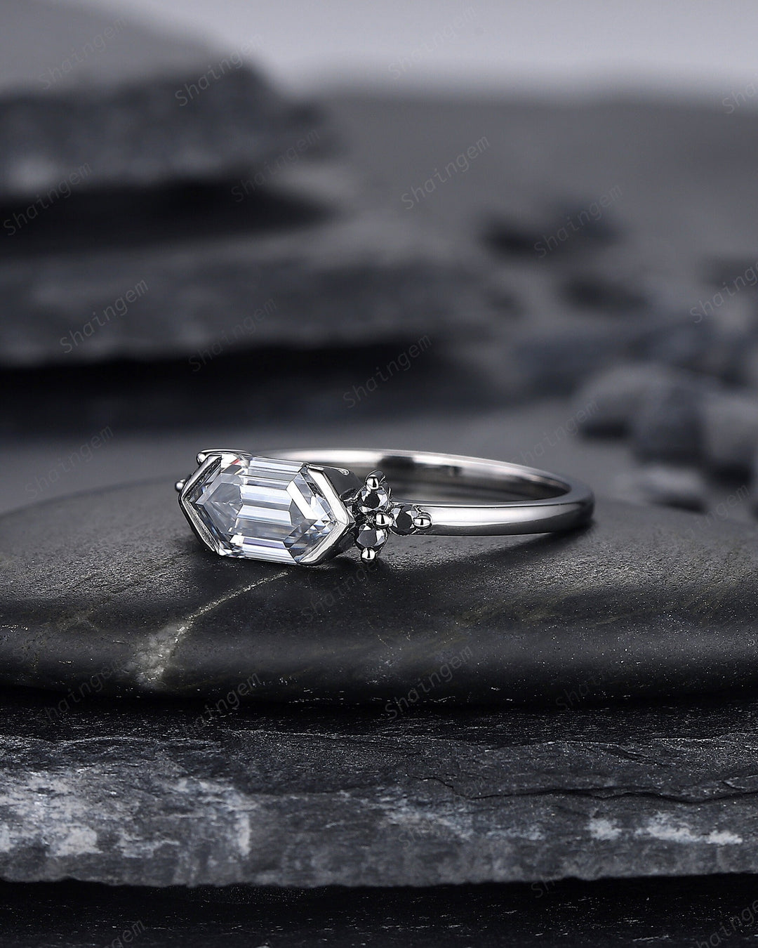 Black Gold Long Hexagon Gray Moissanite Engagement Ring, Unique Cluster Wedding Ring, Rhodium Black Anniversary Promise Ring Gift for Women - ShainJewelry