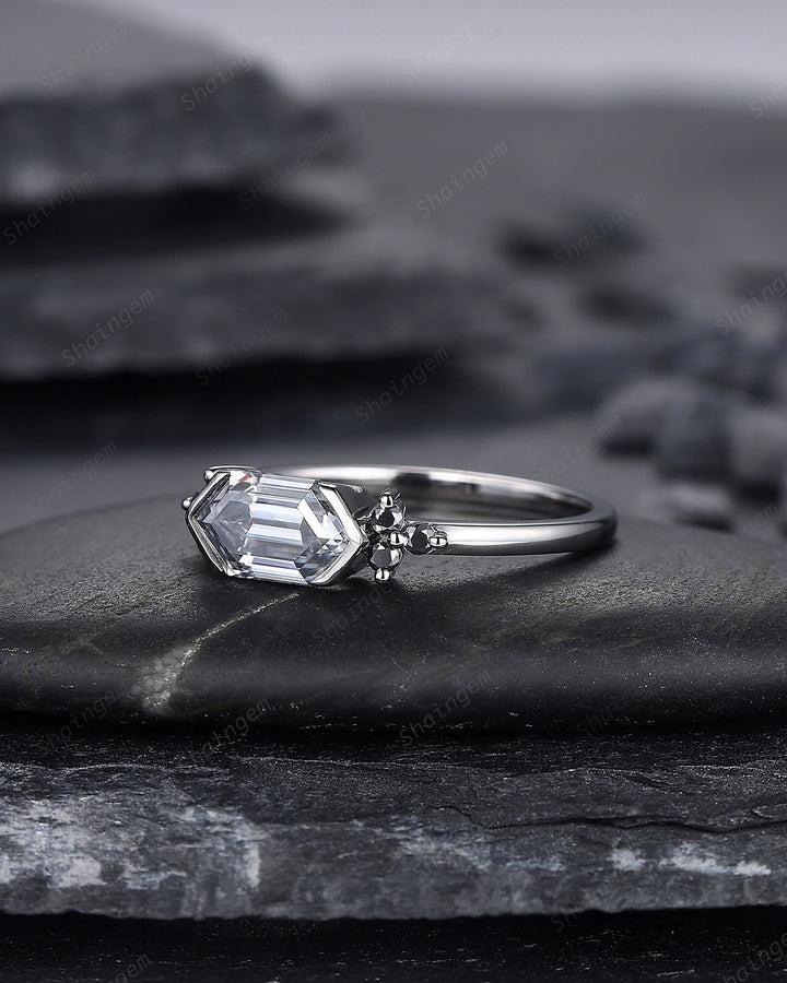 Black Gold Long Hexagon Gray Moissanite Engagement Ring, Unique Cluster Wedding Ring, Rhodium Black Anniversary Promise Ring Gift for Women - ShainJewelry