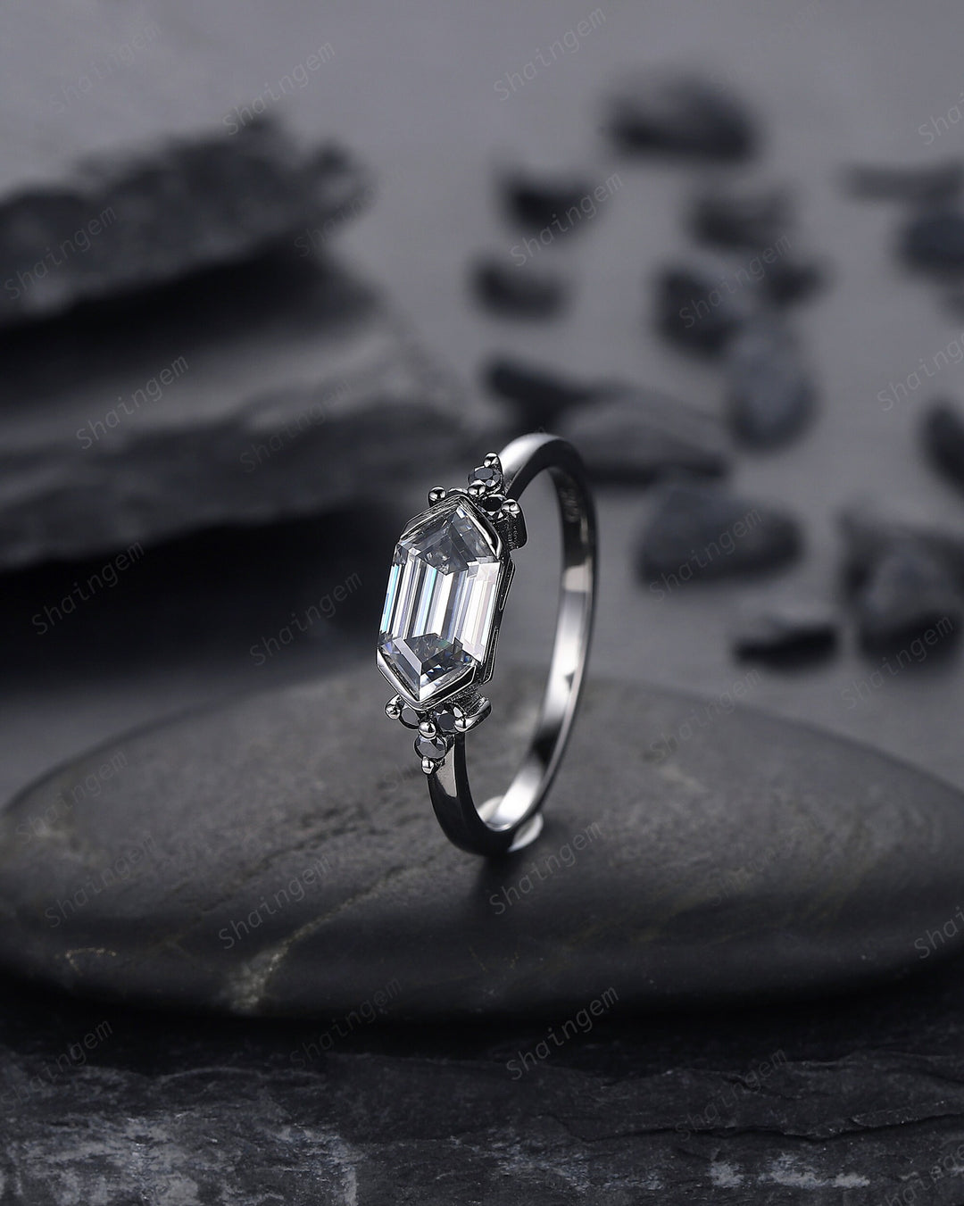 Black Gold Long Hexagon Gray Moissanite Engagement Ring, Unique Cluster Wedding Ring, Rhodium Black Anniversary Promise Ring Gift for Women - ShainJewelry
