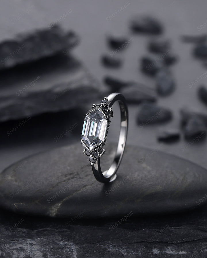 Black Gold Long Hexagon Gray Moissanite Engagement Ring, Unique Cluster Wedding Ring, Rhodium Black Anniversary Promise Ring Gift for Women - ShainJewelry