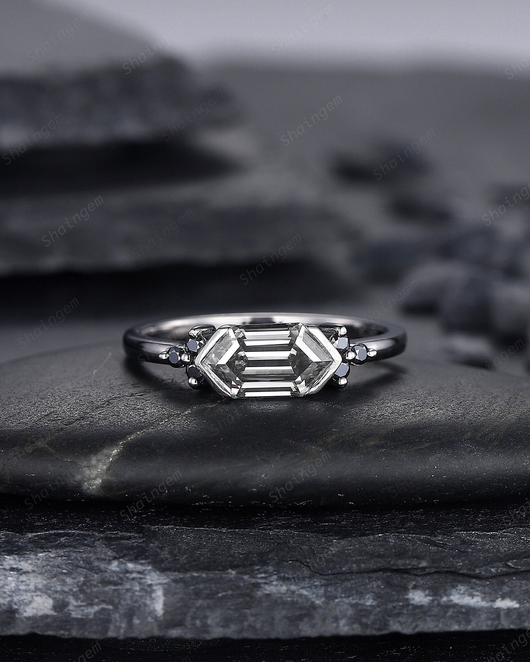 Black Gold Long Hexagon Gray Moissanite Engagement Ring, Unique Cluster Wedding Ring, Rhodium Black Anniversary Promise Ring Gift for Women - ShainJewelry