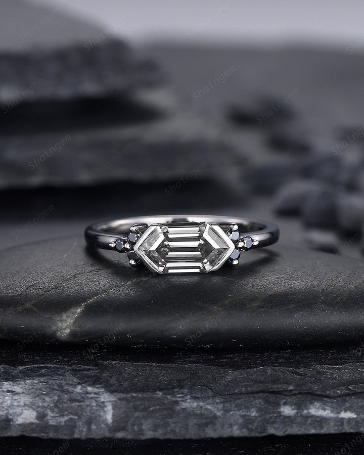 Black Gold Long Hexagon Gray Moissanite Engagement Ring, Unique Cluster Wedding Ring, Rhodium Black Anniversary Promise Ring Gift for Women - ShainJewelry