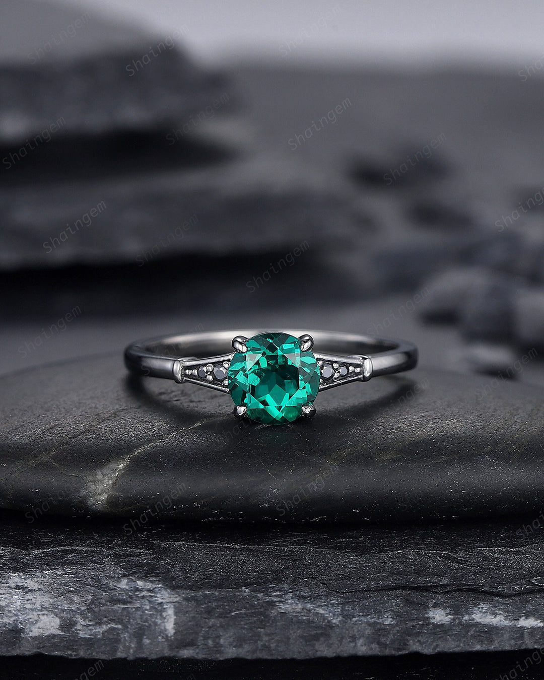 Dainty Black Gold Emerald Engagement Ring, Rhodium Black Bridal Ring, Black Promise Ring, Round Shape Emerald Gothic Black Wedding Ring Gift - ShainJewelry