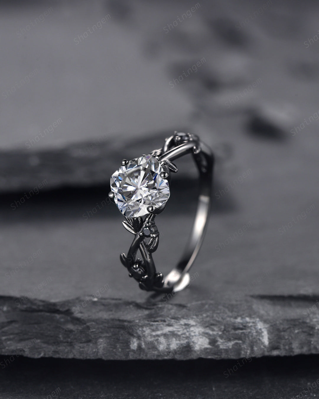 Black Gold Cushion Cut Gray Moissanite Engagement Ring, Rhodium Black Leaf Bridal Ring, Black Promise Ring, Gothic Black Twig Wedding Ring - ShainJewelry