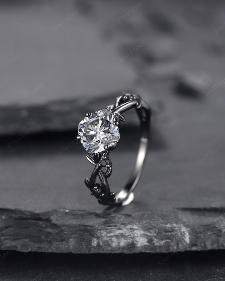 Black Gold Cushion Cut Gray Moissanite Engagement Ring, Rhodium Black Leaf Bridal Ring, Black Promise Ring, Gothic Black Twig Wedding Ring - ShainJewelry