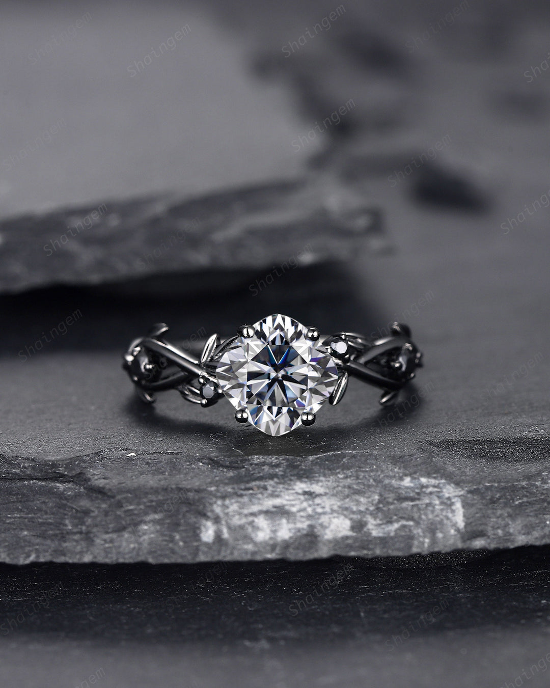 Black Gold Cushion Cut Gray Moissanite Engagement Ring, Rhodium Black Leaf Bridal Ring, Black Promise Ring, Gothic Black Twig Wedding Ring - ShainJewelry