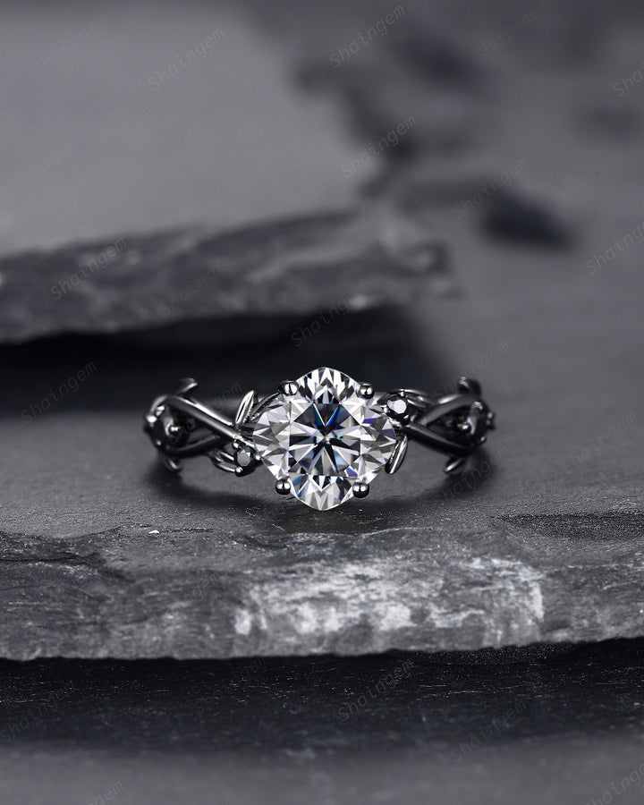 Black Gold Cushion Cut Gray Moissanite Engagement Ring, Rhodium Black Leaf Bridal Ring, Black Promise Ring, Gothic Black Twig Wedding Ring - ShainJewelry