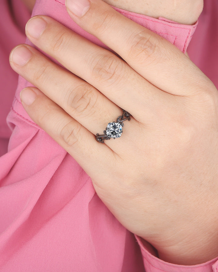 Black Gold Cushion Cut Gray Moissanite Engagement Ring, Rhodium Black Leaf Bridal Ring, Black Promise Ring, Gothic Black Twig Wedding Ring - ShainJewelry