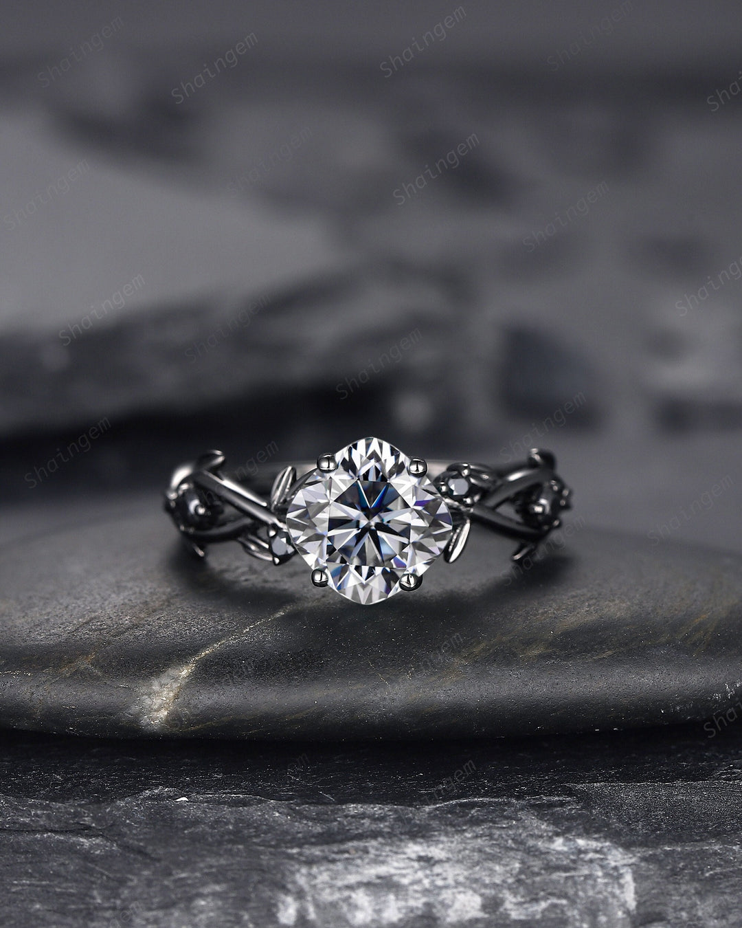 Black Gold Cushion Cut Gray Moissanite Engagement Ring, Rhodium Black Leaf Bridal Ring, Black Promise Ring, Gothic Black Twig Wedding Ring - ShainJewelry