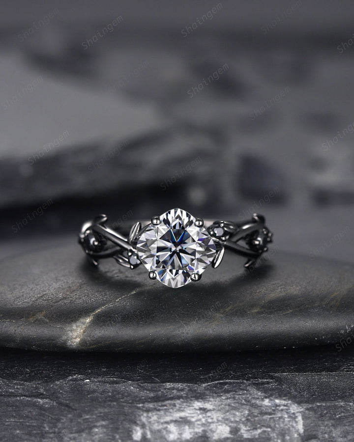 Black Gold Cushion Cut Gray Moissanite Engagement Ring, Rhodium Black Leaf Bridal Ring, Black Promise Ring, Gothic Black Twig Wedding Ring - ShainJewelry
