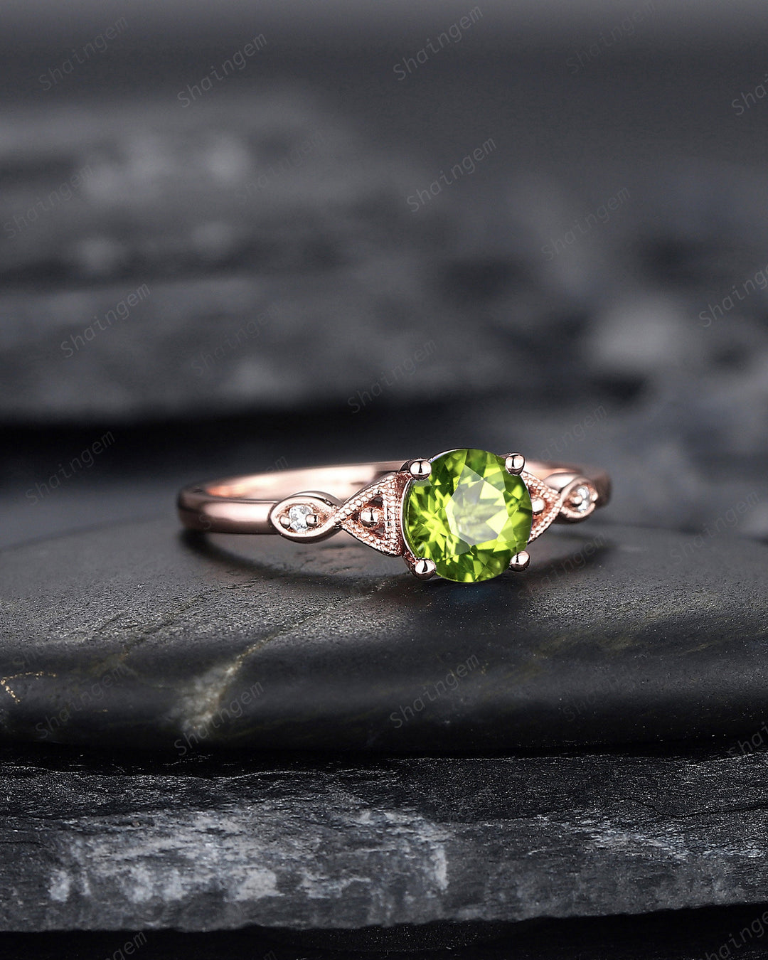Vintage Round Cut Peridot Engagement Ring, Unique Peridot Promise Ring, Nature Inspired Peridot Wedding Ring, Rose Gold Ring Gift for Women - ShainJewelry