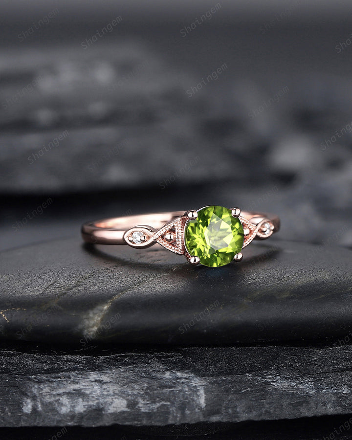 Vintage Round Cut Peridot Engagement Ring, Unique Peridot Promise Ring, Nature Inspired Peridot Wedding Ring, Rose Gold Ring Gift for Women - ShainJewelry