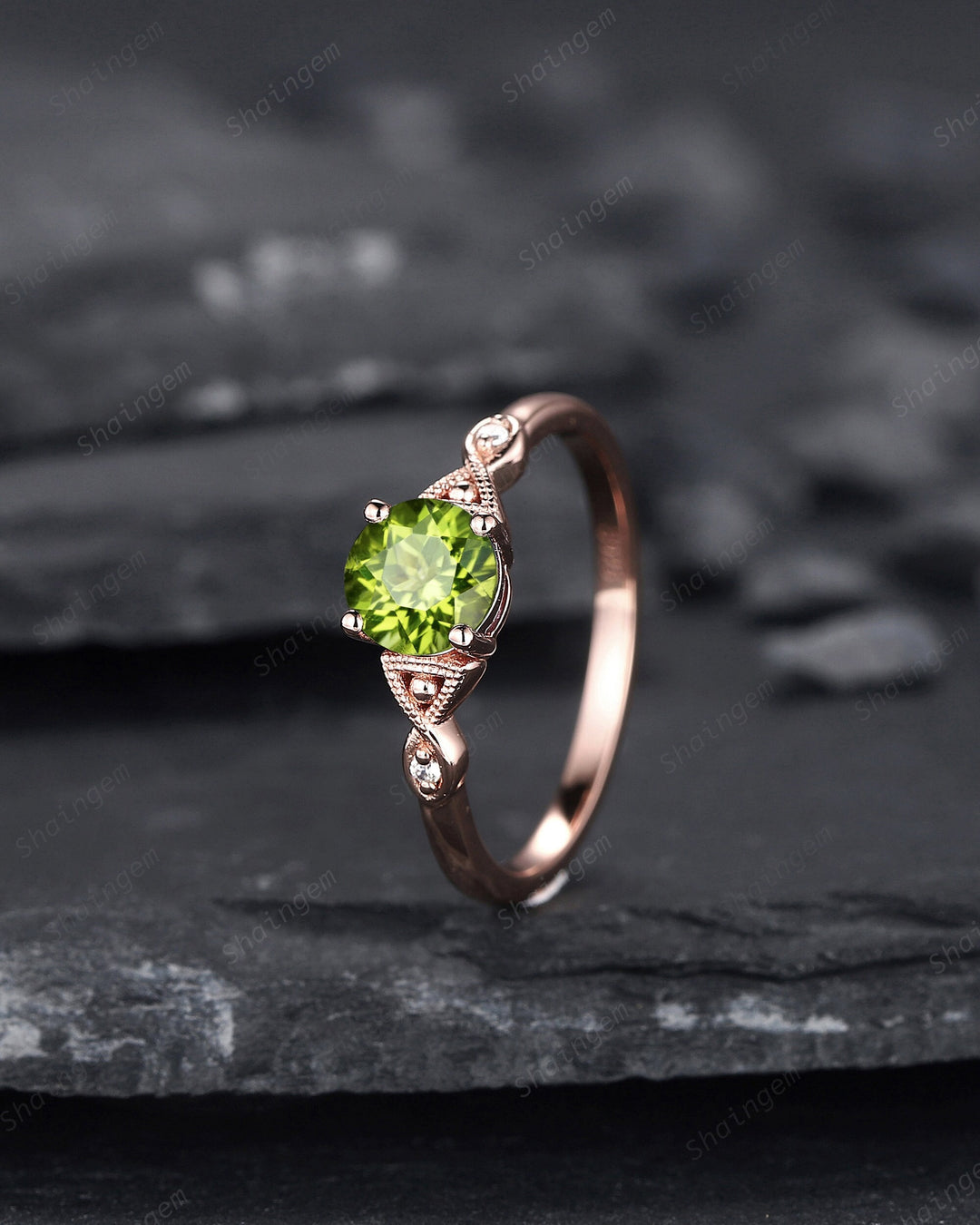 Vintage Round Cut Peridot Engagement Ring, Unique Peridot Promise Ring, Nature Inspired Peridot Wedding Ring, Rose Gold Ring Gift for Women - ShainJewelry