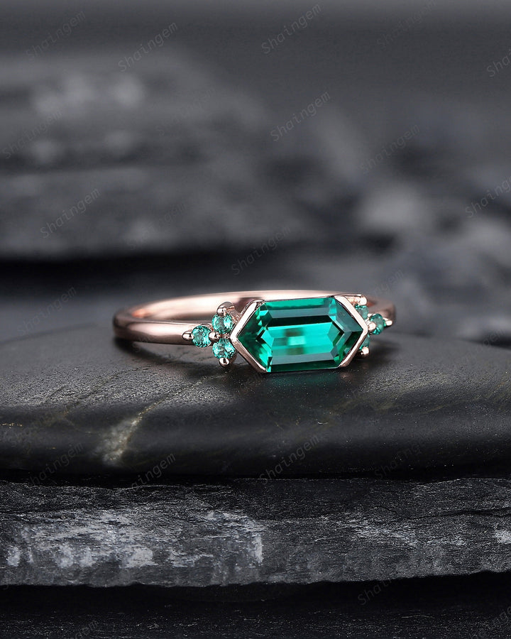 Vintage Long Hexagon Emerald Engagement Ring, Unique Rose Gold Emerald Cluster Wedding Ring, May Birthstone Promise Ring Gift For her - ShainJewelry