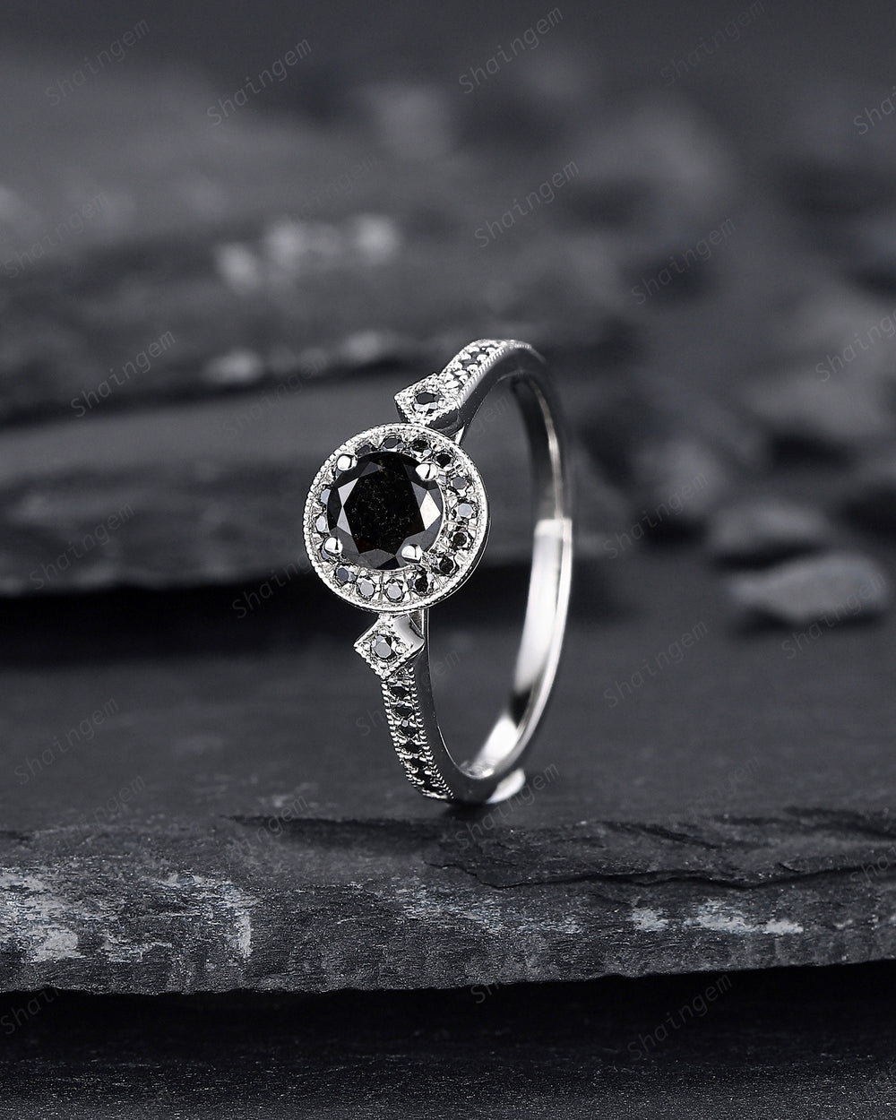 Natural Black Diamond Ring ,14K 18K White Gold 0.5 CT Round Cut Black Diamond Halo Promise Ring, Half Eternity Wedding Anniversary Ring Gift - ShainJewelry