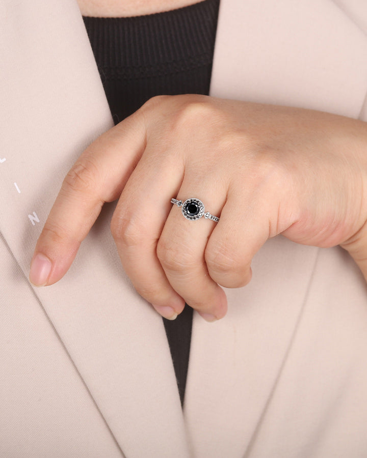Natural Black Diamond Ring ,14K 18K White Gold 0.5 CT Round Cut Black Diamond Halo Promise Ring, Half Eternity Wedding Anniversary Ring Gift - ShainJewelry