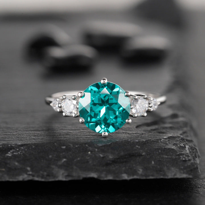 Platinum 3CT Neon Blue Paraiba Tourmaline Engagement Ring, Silver Green Bluish Tourmaline Wedding Ring, White Gold Promise Ring for Women - ShainJewelry
