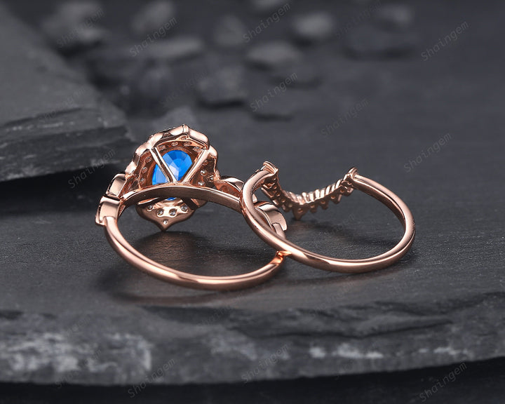 Unique Oval Shape Blue Spinel Engagement Ring Set, 14K Rose Gold Brilliant Vivid Blue Gemstone Ring, Spinel Wedding Promise Ring Gift - ShainJewelry