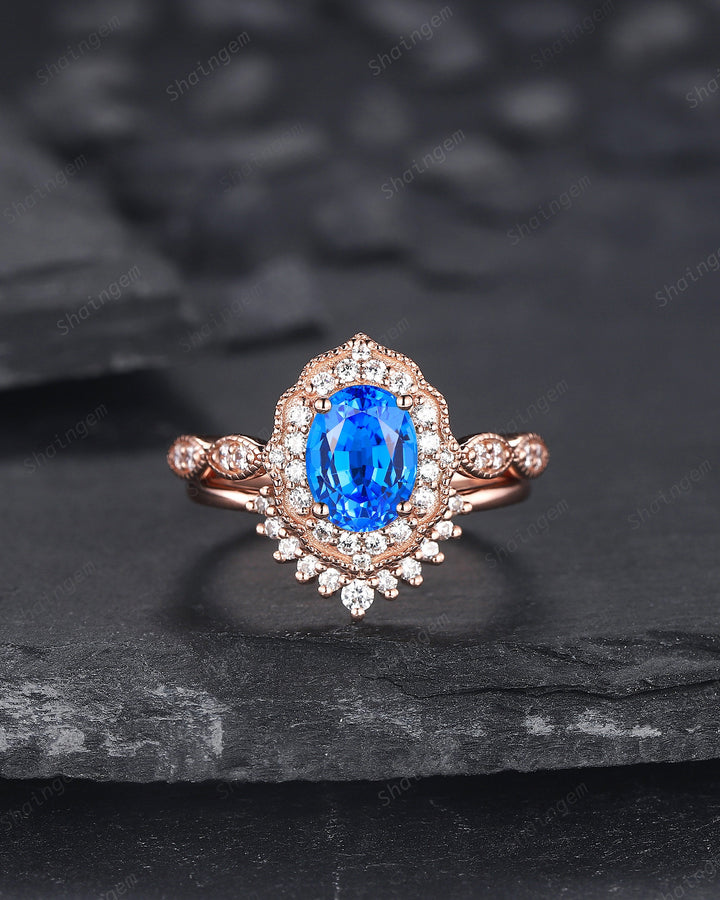 Unique Oval Shape Blue Spinel Engagement Ring Set, 14K Rose Gold Brilliant Vivid Blue Gemstone Ring, Spinel Wedding Promise Ring Gift - ShainJewelry
