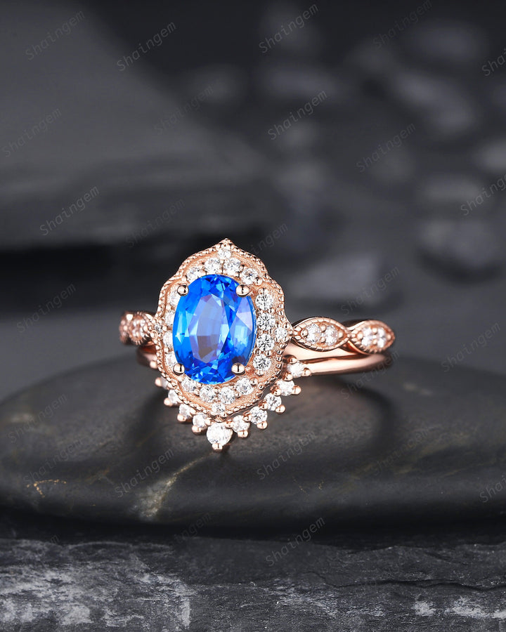 Unique Oval Shape Blue Spinel Engagement Ring Set, 14K Rose Gold Brilliant Vivid Blue Gemstone Ring, Spinel Wedding Promise Ring Gift - ShainJewelry