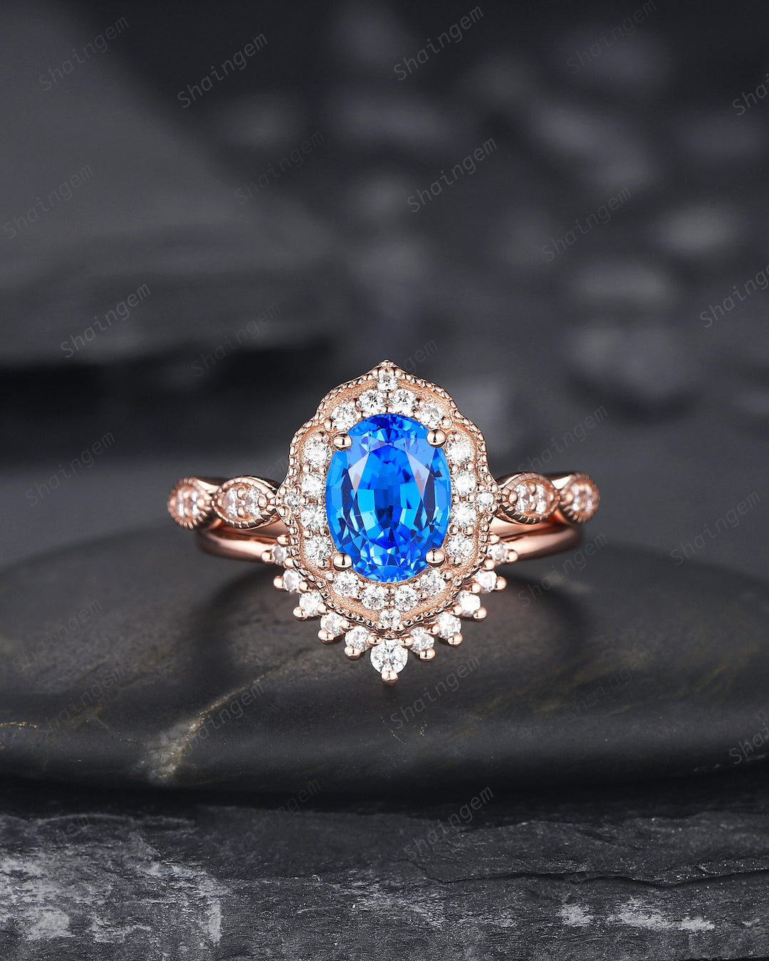 Unique Oval Shape Blue Spinel Engagement Ring Set, 14K Rose Gold Brilliant Vivid Blue Gemstone Ring, Spinel Wedding Promise Ring Gift - ShainJewelry