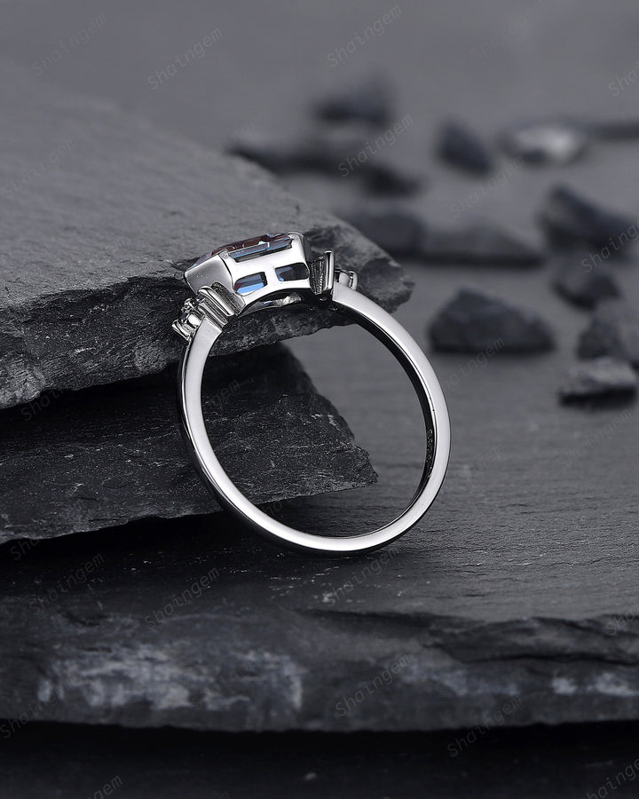 Black Gold Long Hexagon Alexandrite Engagement Ring, Unique Cluster Black Moissanite Wedding Ring, Rhodium Black Anniversary Promise Ring - ShainJewelry