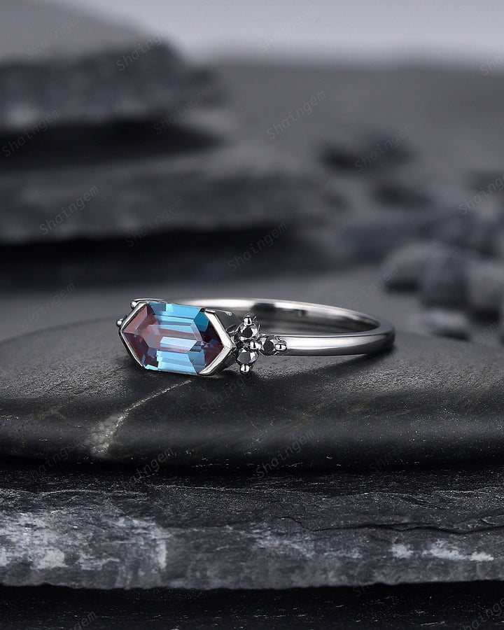 Black Gold Long Hexagon Alexandrite Engagement Ring, Unique Cluster Black Moissanite Wedding Ring, Rhodium Black Anniversary Promise Ring - ShainJewelry