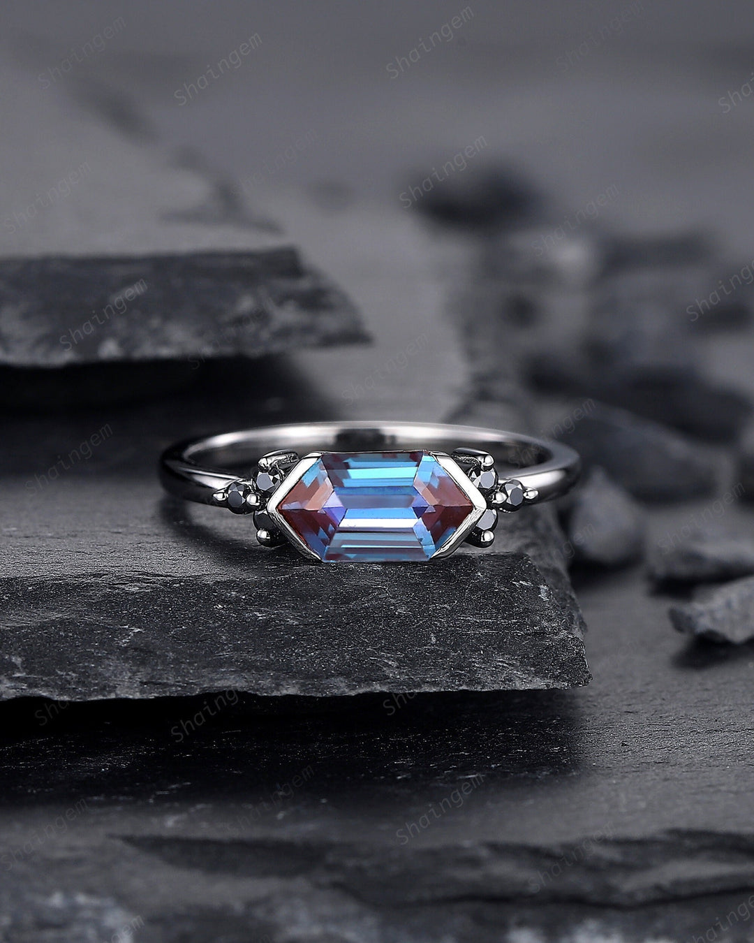 Black Gold Long Hexagon Alexandrite Engagement Ring, Unique Cluster Black Moissanite Wedding Ring, Rhodium Black Anniversary Promise Ring - ShainJewelry